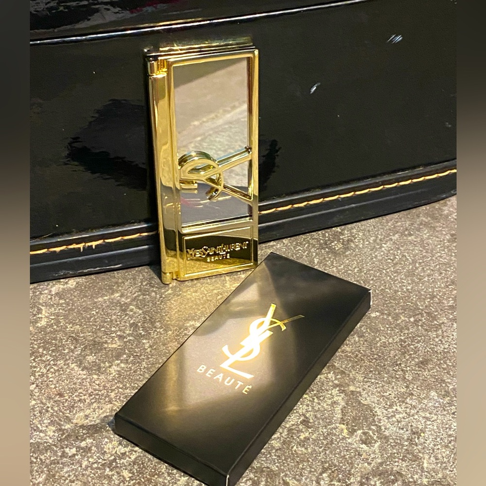 NWT/box,Yves Saint Laurent small folding travel mirror,chrome gold logo frame